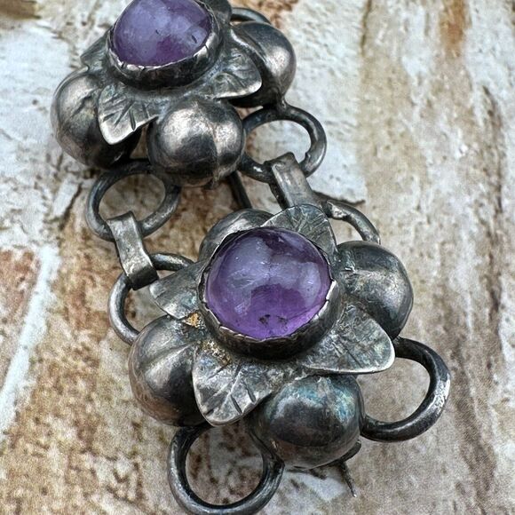 Unique Vintage Sterling Silver Flower Floral Links Amethyst Brooch Pin Mexico 2" - Picture 14 of 14